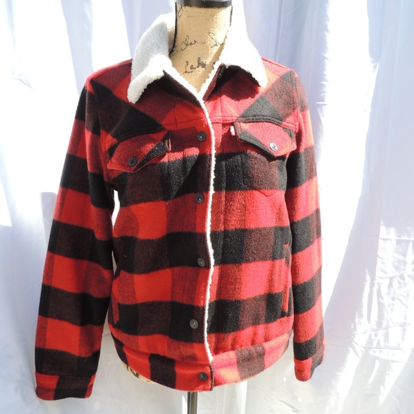 levi's buffalo plaid flannel sherpa trucker jacket